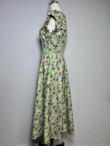 Women Size 4 Tory Burch Brown, Green Floral Pure Cotton Women's Pre-owned Dress