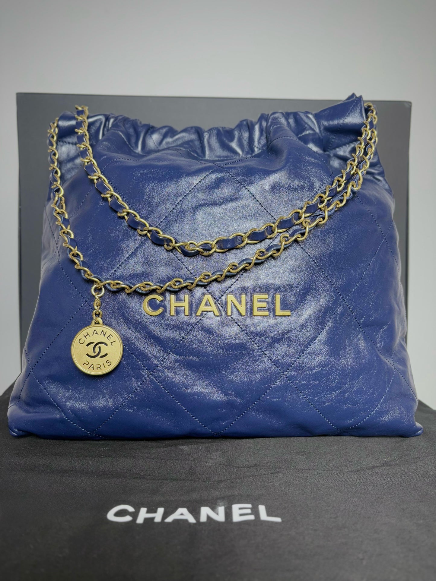Chanel 22 Calfskin Leather Metallic Navy Blue Quilted Purse