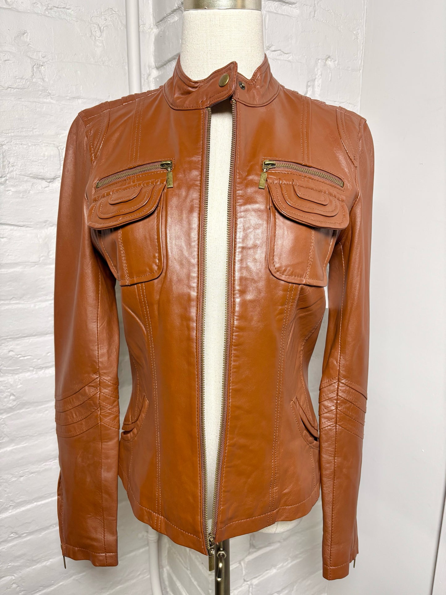 Women Size S Bagatelle Brown Solid Leather Jacket