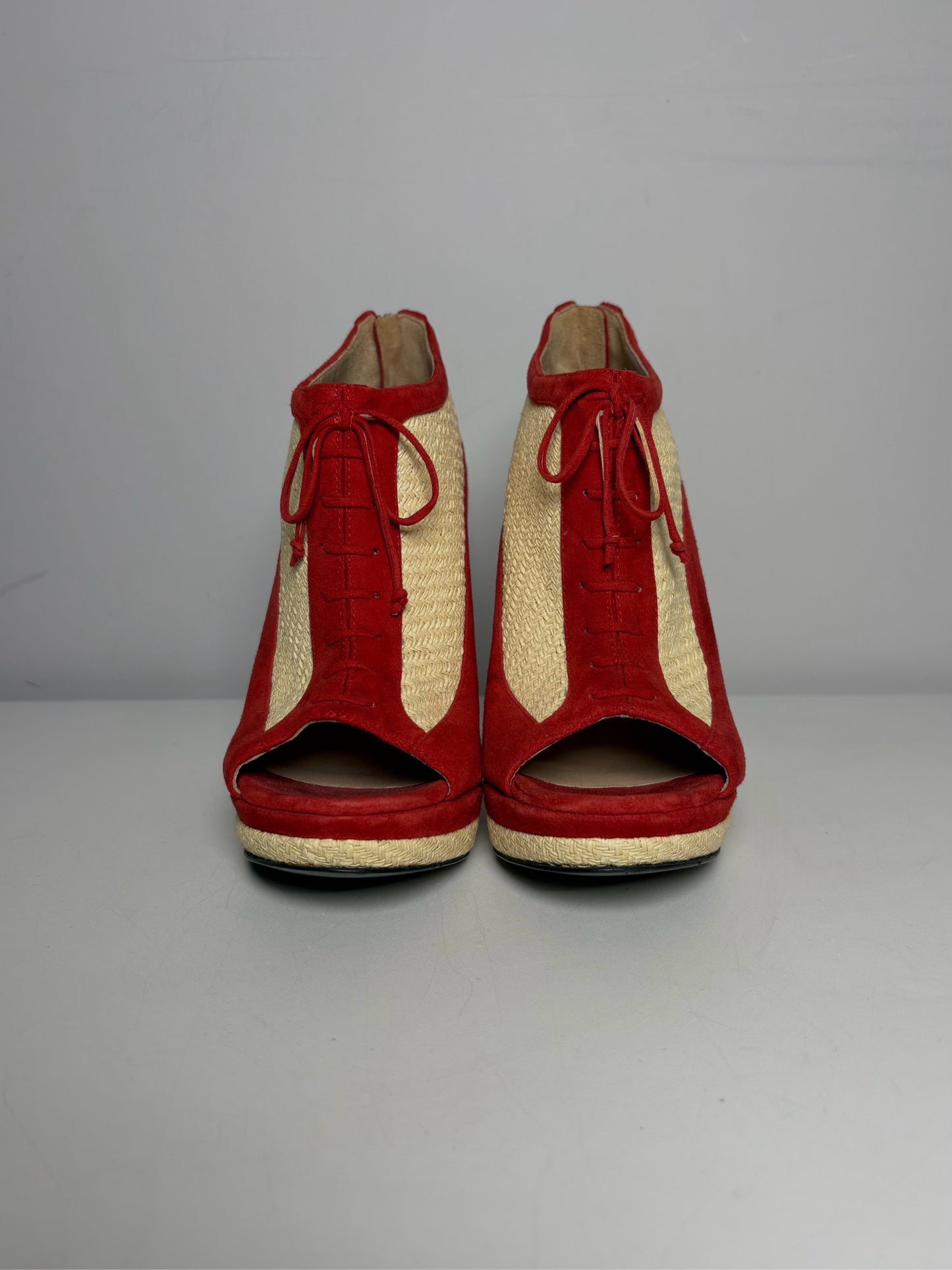 W Shoe Size 36.5 Fendi Red, Natural Leather, Rattan Suede Pre-owned Wedge Heels