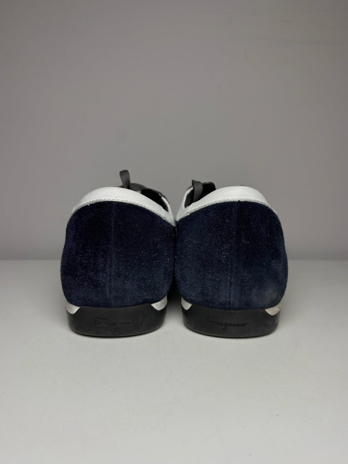 Salvatore Ferragamo Blue, Gray, White Cowhide Leather, Suede Leather Sneakers