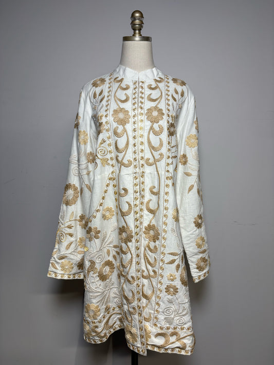 Women Size L Soft Surroundings Off-White Floral Embroidered Cotton Linen Pre-Owned Long Jacket