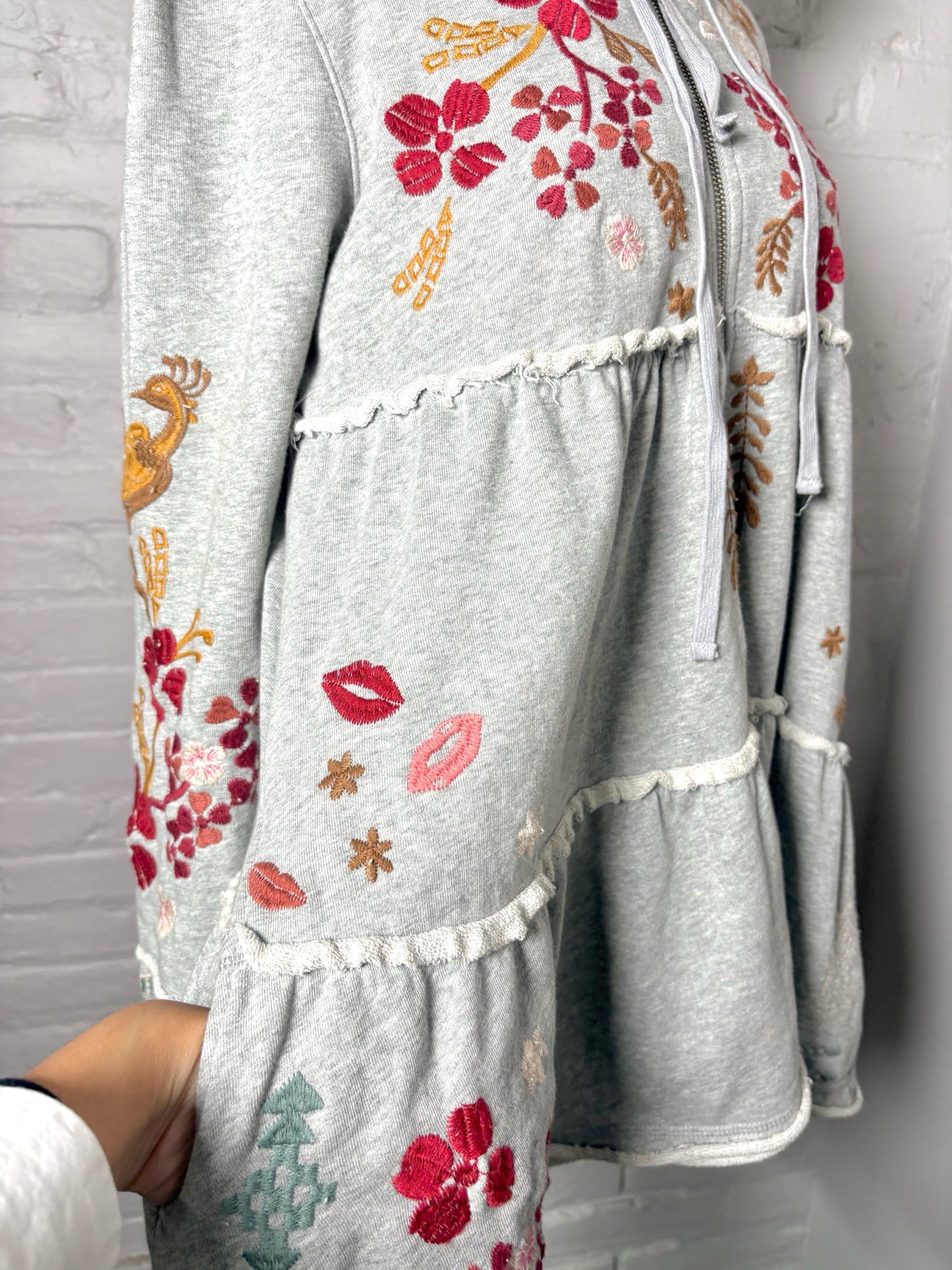 Women Size S Johnny Was Gray Embroidered Cotton Zip Front Hood Jacket