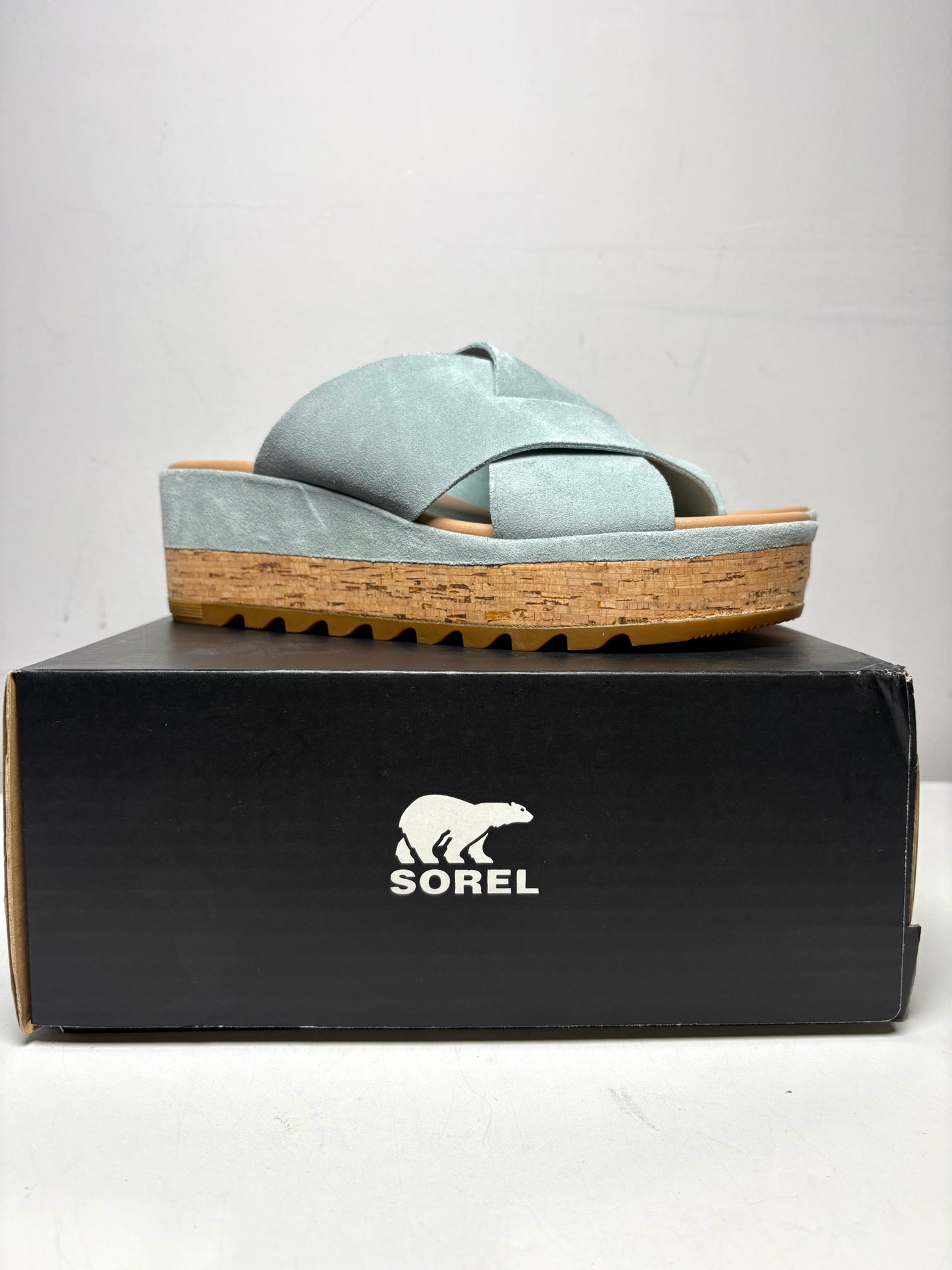 Women Shoe Size 8.5 Sorel Blue Suede & Cork NWT Pre-Owned Cameron Flatform Mule Sandals