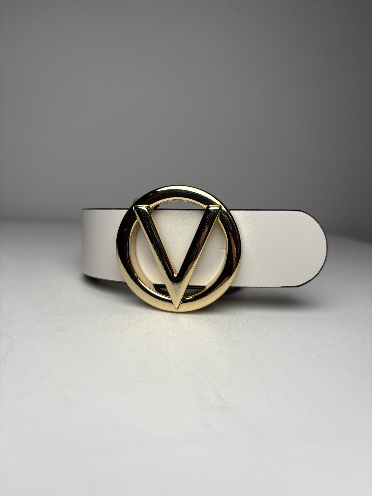 Women's Size S Mario Valentino V Giusy Beige Leather Gold-Tone Logo Pre-Owned Belt