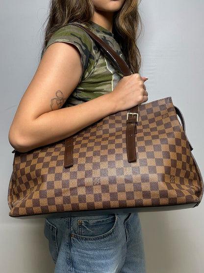 Women's Louis Vuitton Chelsea Damier Ebene Brown Coated Canvas Pre-Owned Large Tote Purse