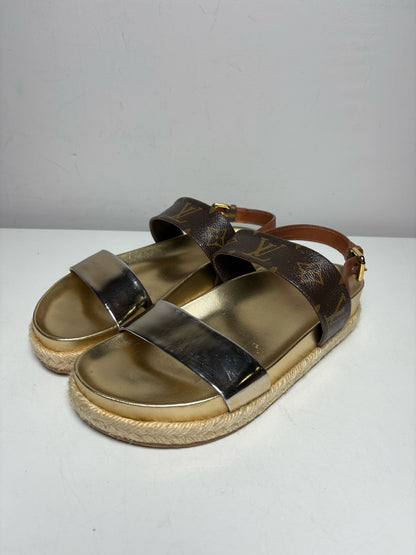 Women's Shoe Size 37 Louis Vuitton Odyssey Gold Brown Leather Authentic Pre-Owned Espadrille Sandals