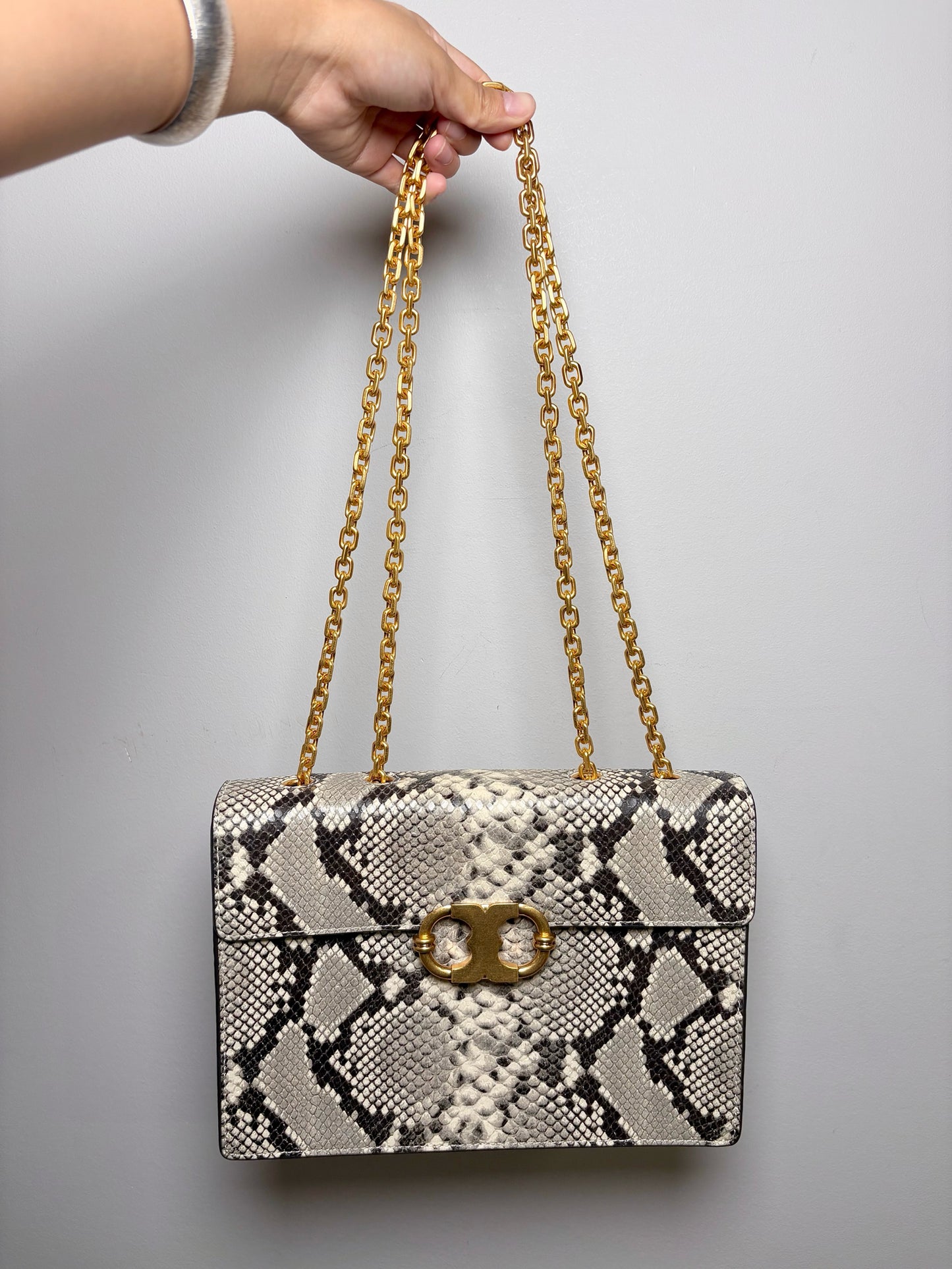 Tory Burch Snakeskin Print Leather Gray, Cream Gemini Link Purse