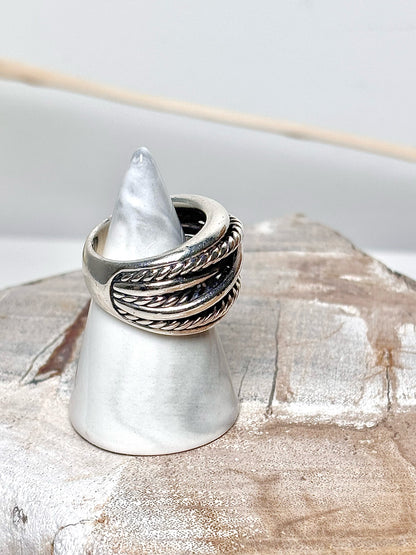 David Yurman Sterling Silver 7.5 Crossover Cable Wide Ring