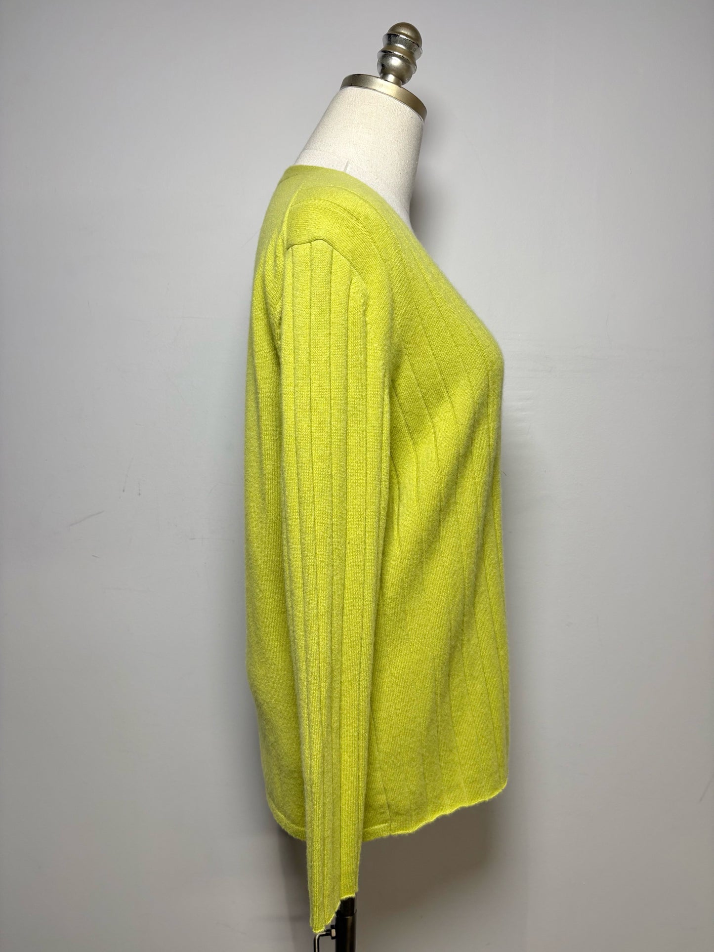 Women Size M Lafayette 148 Lime Green Striped Pure Cashmere Pre-Owned Cardigan