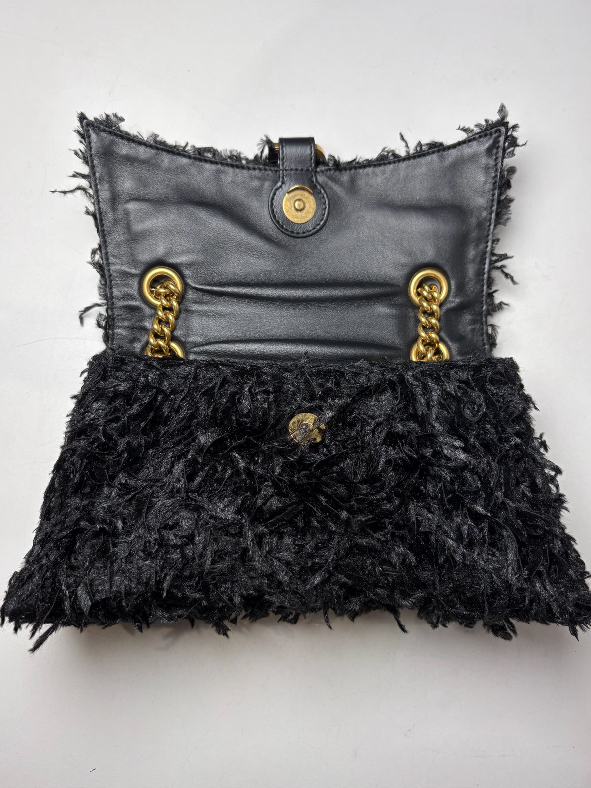 Women's Authentic Balenciaga Crush Chain Black Fabric Feather Gold-Tone NWT Pre-Owned Shoulder Bag