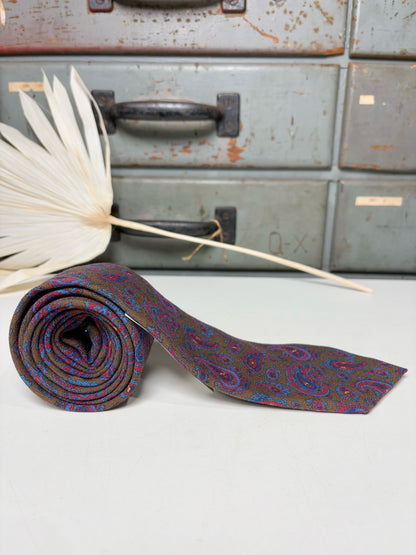 Drake's Olive, red, navy Wool Paisley Men's Tie