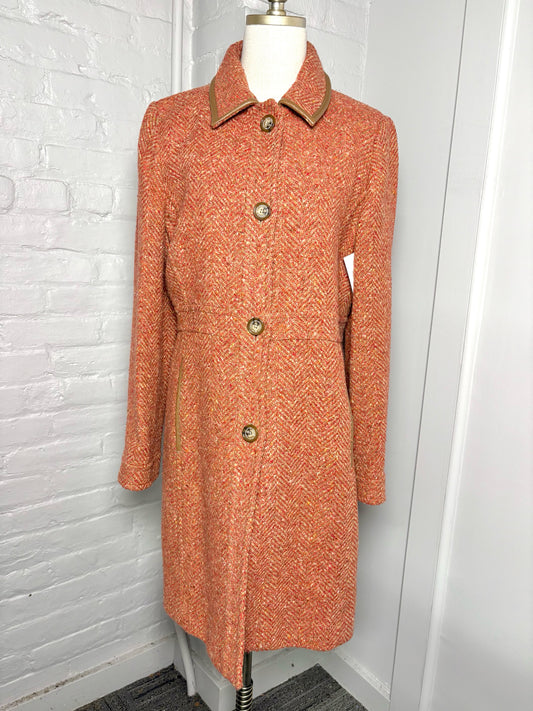Women Size L Coach Rust Orange Dress Coat w/Leather Trim