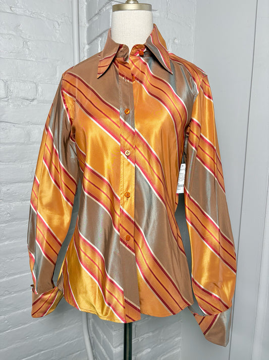 Women Size 10 Pamella Roland Orange, Brown, Red Striped Silk Shirt