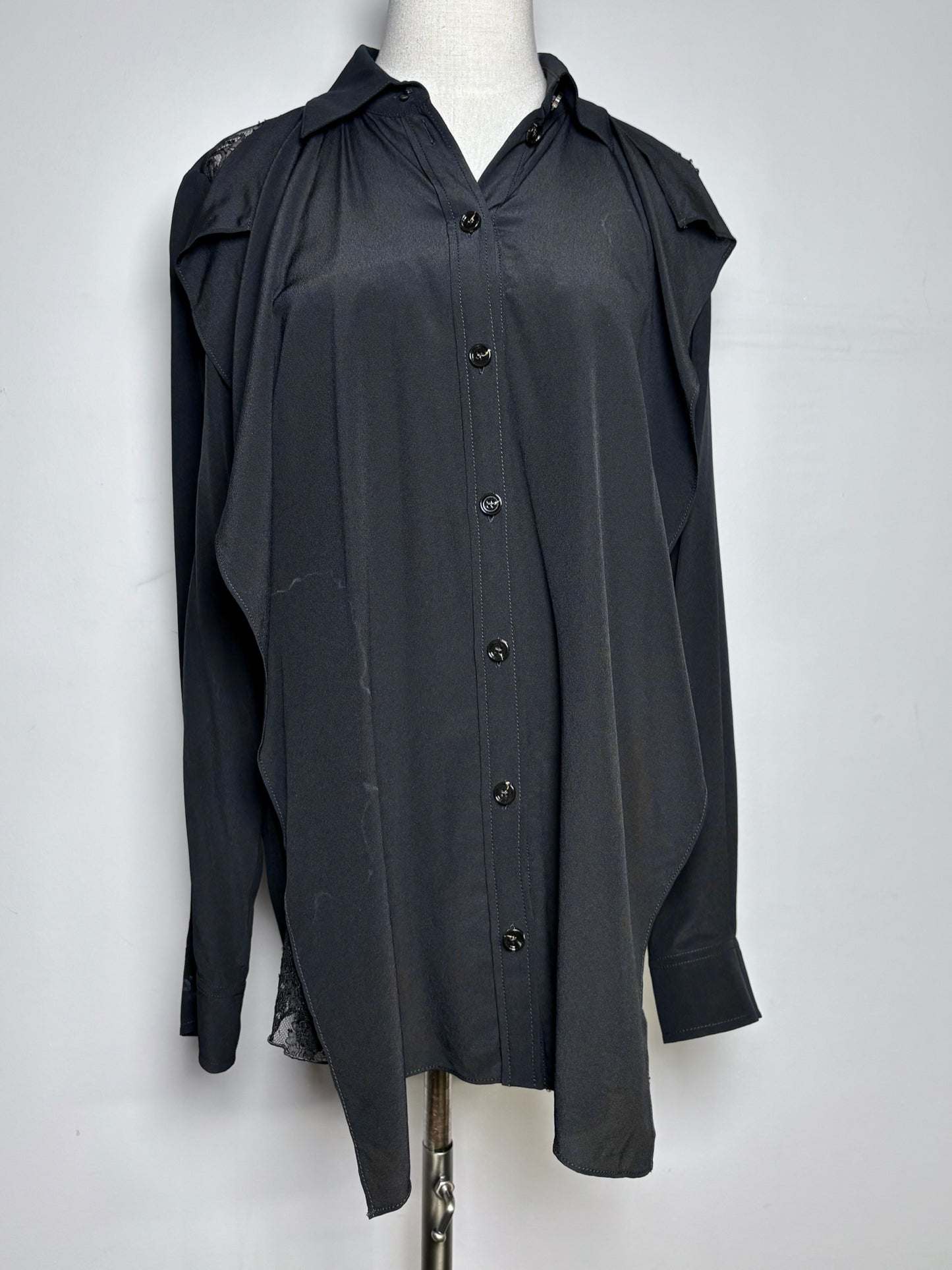 Women Size 4 Burberry Black Pure Silk, Lace Panels Blouse