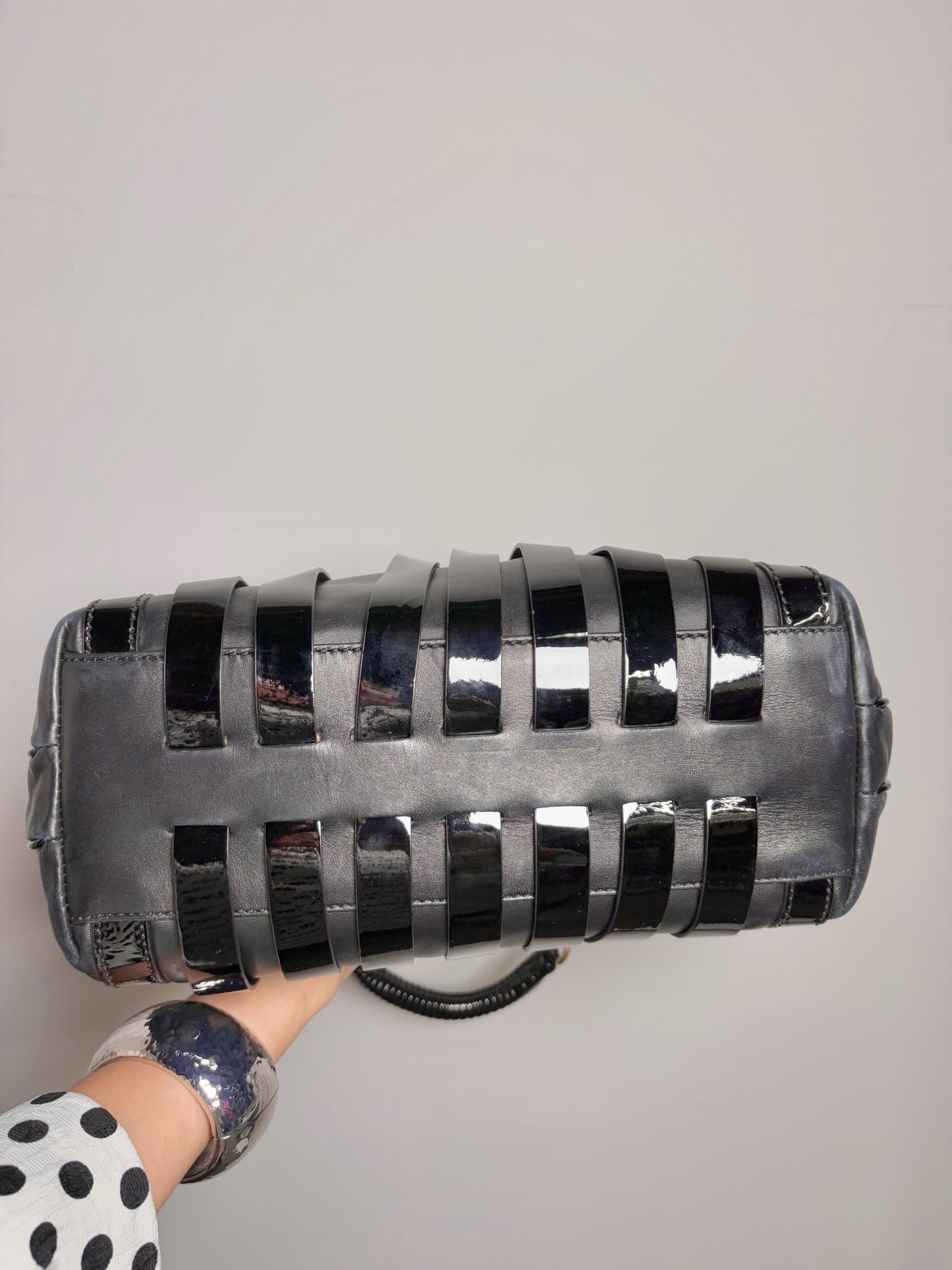 Patent Leather Versace Stripe Vintage Black & Gold Large Purse