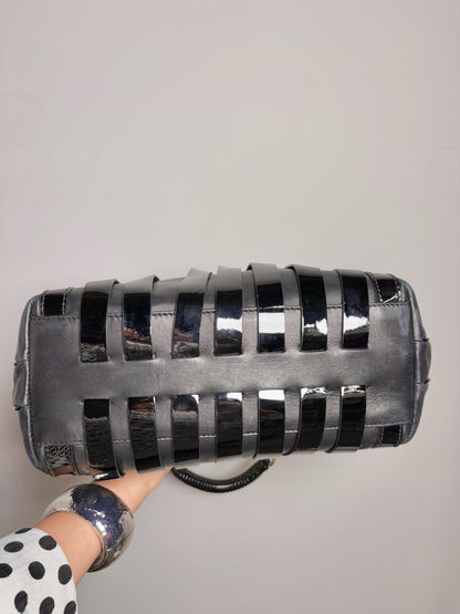 Patent Leather Versace Stripe Vintage Black & Gold Large Purse