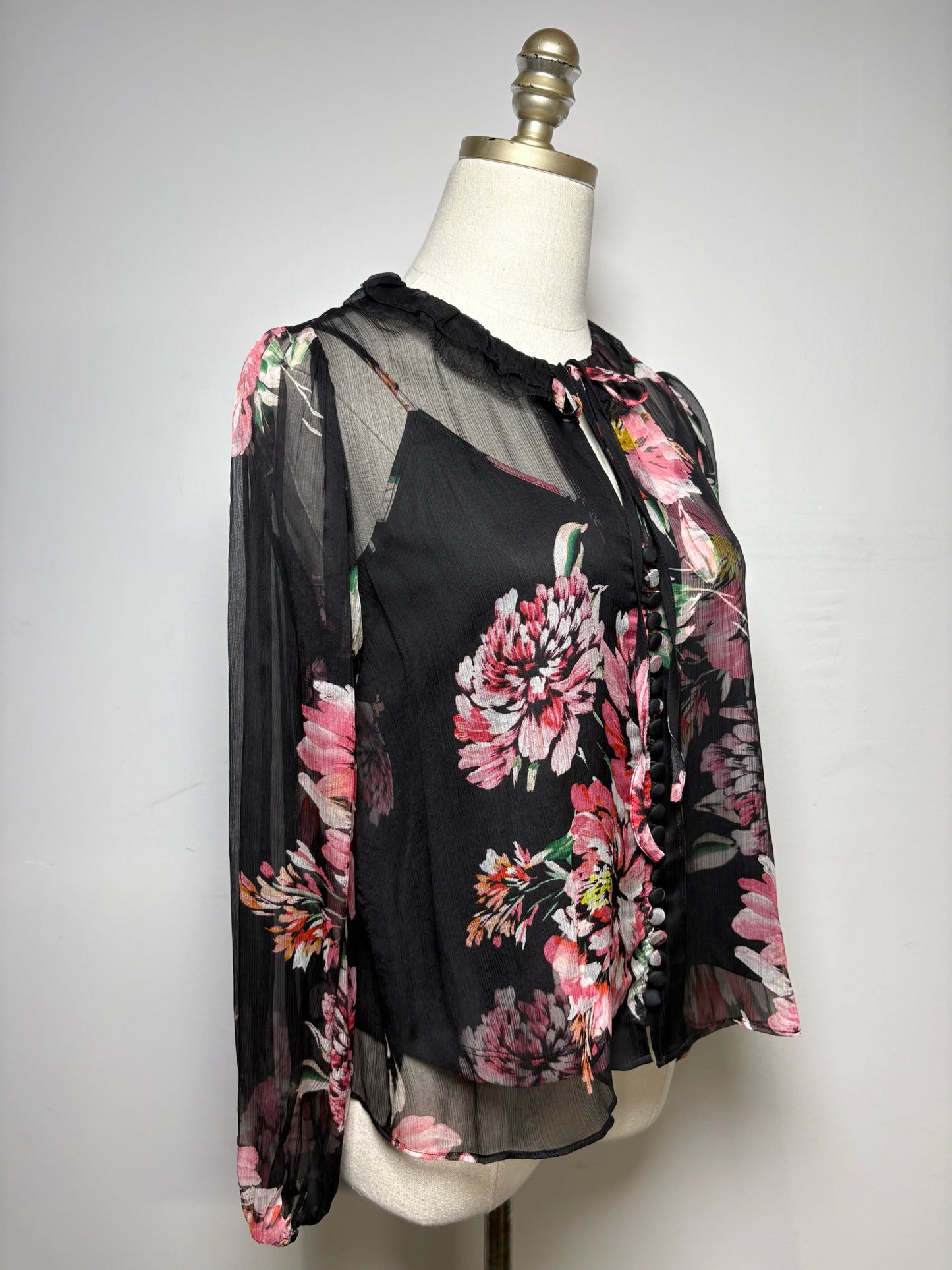 Women Size PS Jade by Johnny Was Black Floral Print Pure Silk Pre-Owned 2-Piece Blouse