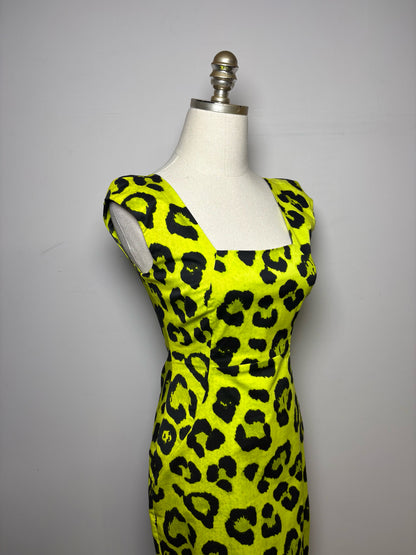 Women Size 2 (S) Samantha Sung Neon Green, Black Leopard Spots 100% Cotton Dress