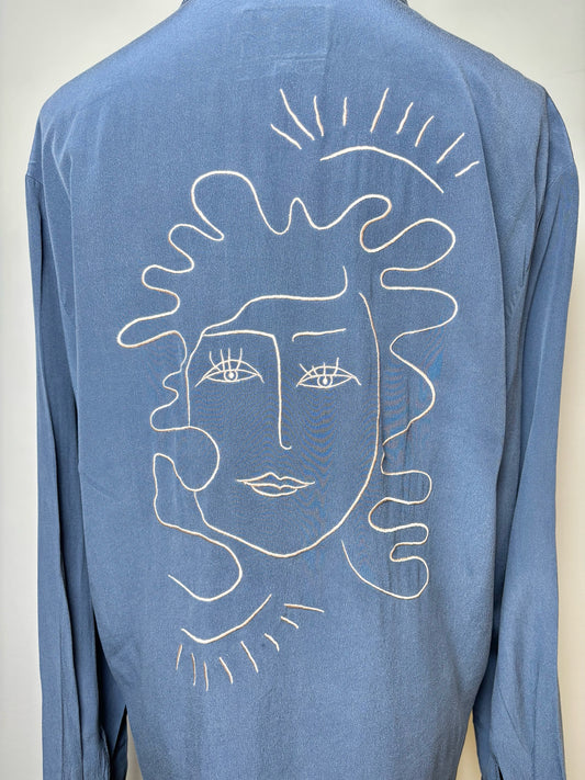 Women Size L Pop.see.cul Blue Silk Embroidered Blouse