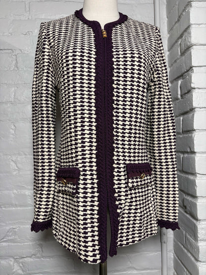 Women Size 6 St. John White, Purple Abstract Print Knit Jacket