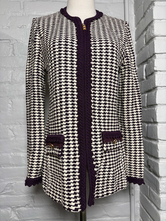 Women Size 6 St. John White, Purple Abstract Print Knit Jacket