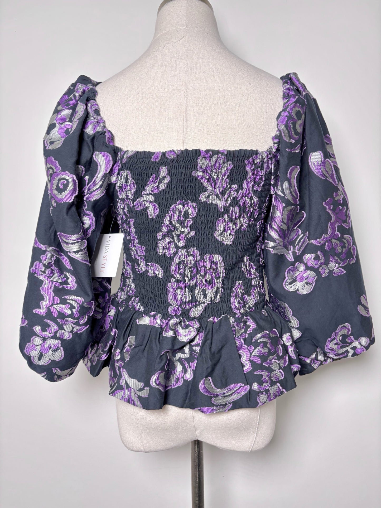 Women Size M Tanya Taylor Purple, Black, Silver Floral Print Emma NWT Blouse