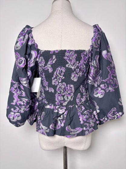 Women Size M Tanya Taylor Purple, Black, Silver Floral Print Emma NWT Blouse