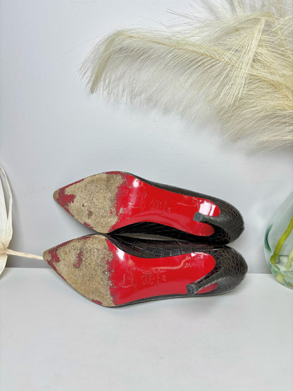 W Shoe Size 39 Christian Louboutin Dark Brown Leather Croc Embossed Heels