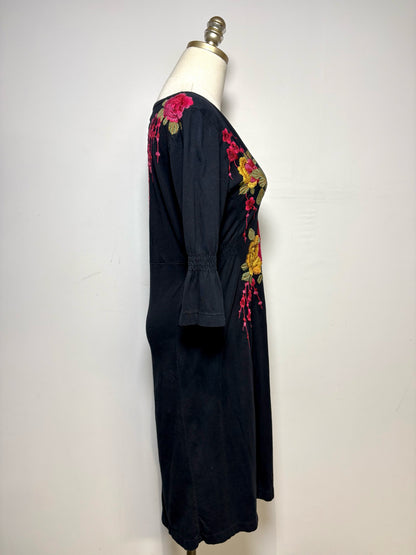 Women Size M JW Los Angeles Black Floral Embroidered Pure Cotton Pre-Owned Dress