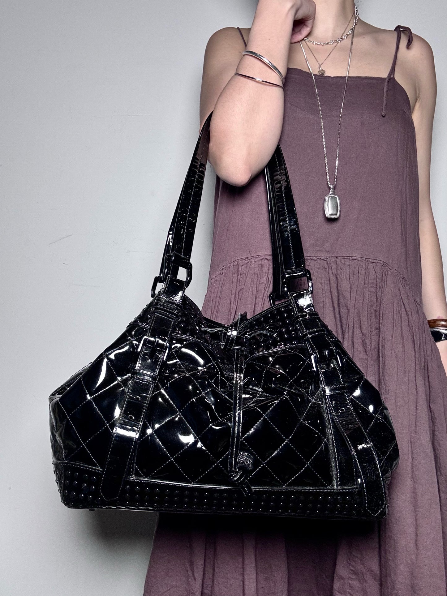 Burberry Lowry Tote Quilted Patent Leather Pre-owned Black Large Purse