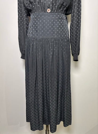Women Size 6 Vintage Valentino Black Dot 2 Piece Silk Midi Skirt, Top Set