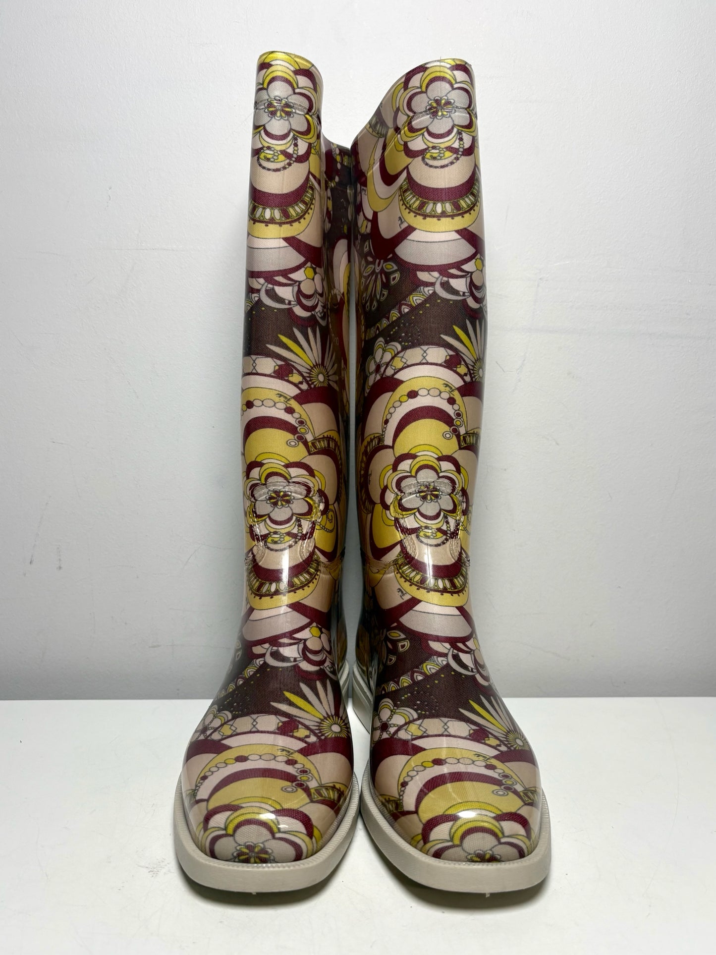 Women Shoe Size 40 (US 10) Emilio Pucci Yellow, Purple & Cream Rubber Vintage Pre-Owned Knee-High Boots
