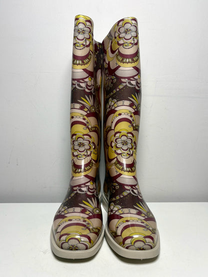Women Shoe Size 40 (US 10) Emilio Pucci Yellow, Purple & Cream Rubber Vintage Pre-Owned Knee-High Boots