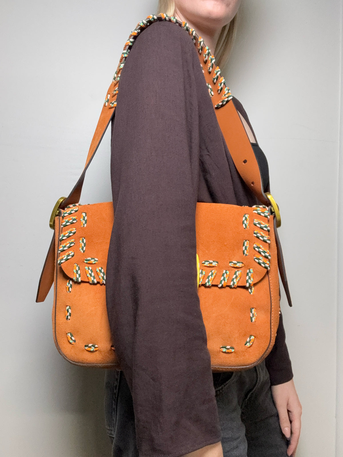 Women's Tory Burch Sawyer Stitch Orange Suede Leather Pre-Owned Shoulder Bag