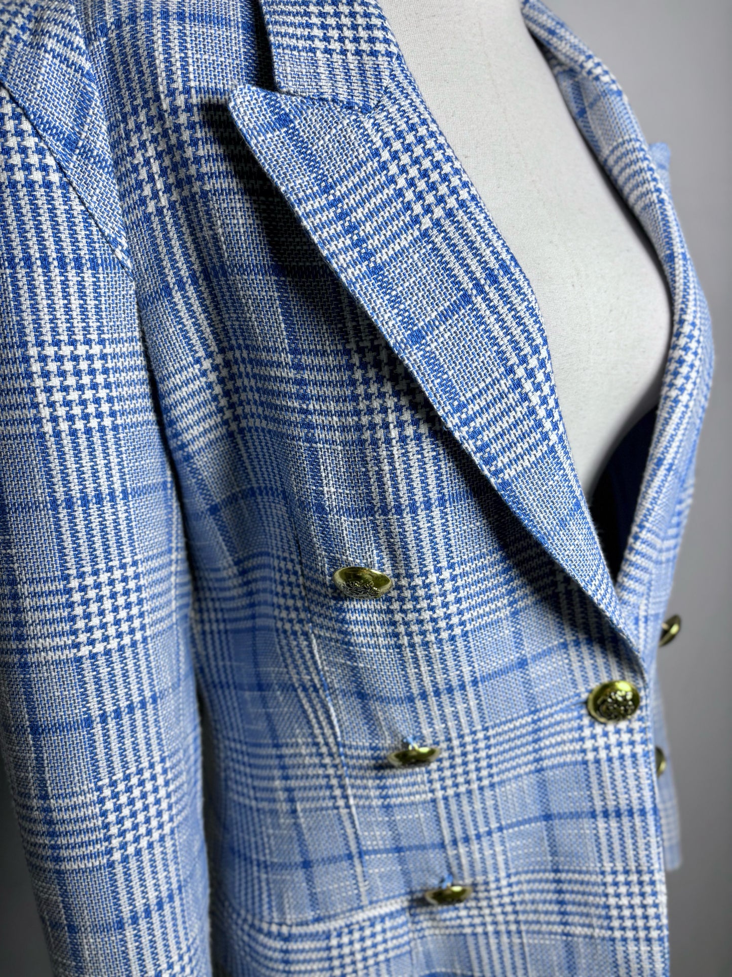 Women Size 10 Smythe Blue, White Plaid Cotton/Linen Pre-owned Jacket