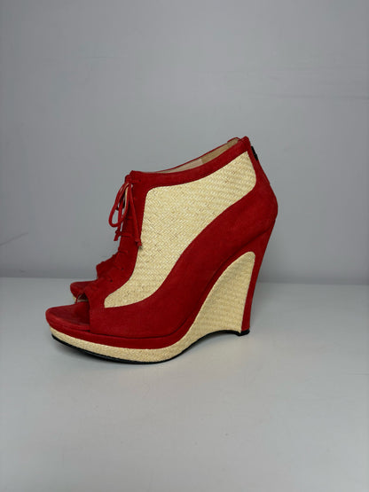W Shoe Size 36.5 Fendi Red, Natural Leather, Rattan Suede Pre-owned Wedge Heels
