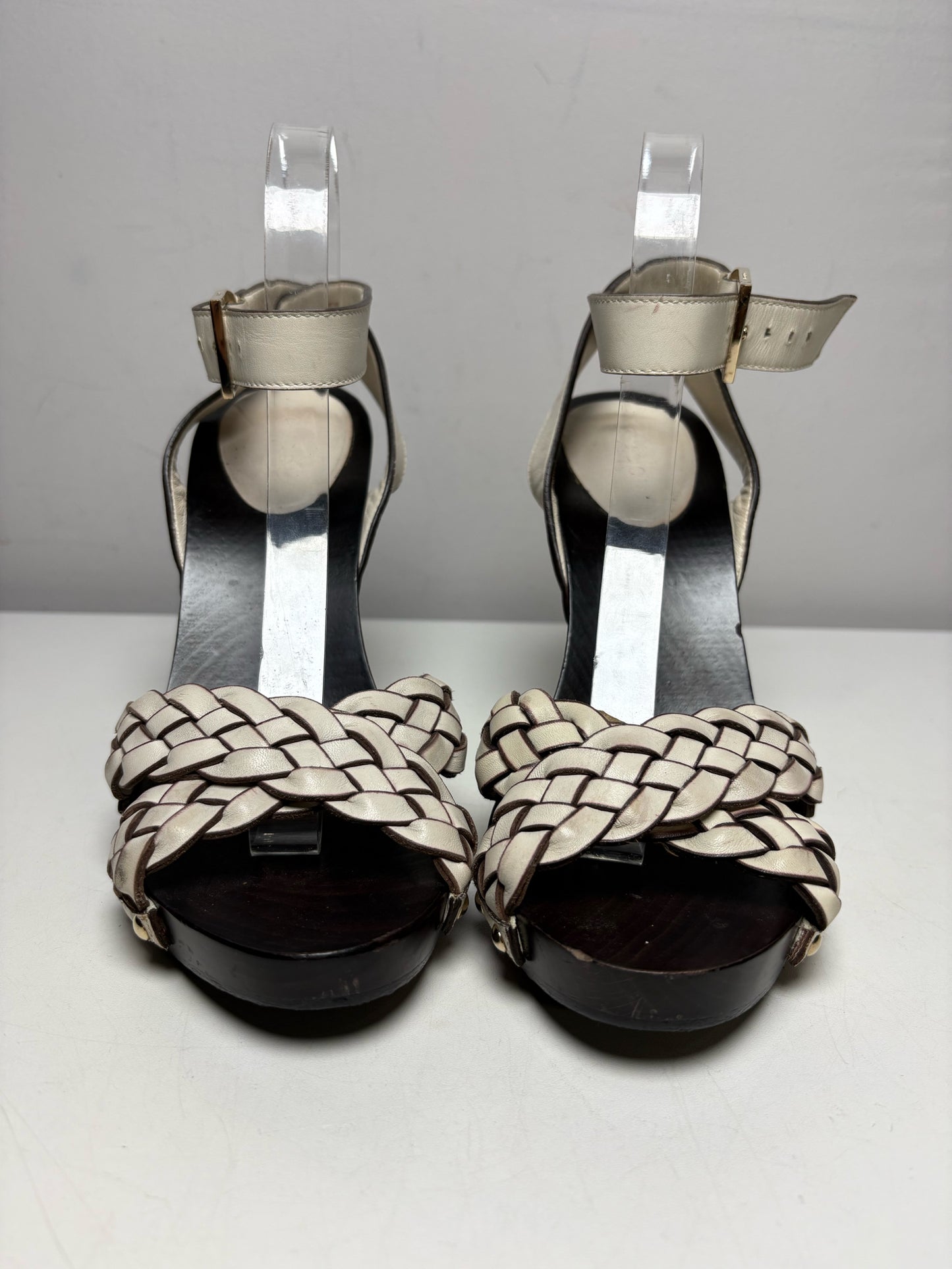W Shoe Size 6.5 Gucci Brown, White Leather, Wood Women's Pre-owned Heels