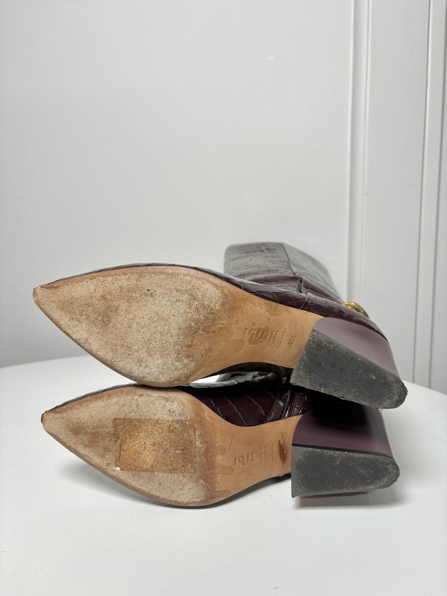 Tall Boots TIBI Croc Embosssed Burgundy Sz 10.5 Gold-tone Hardware
