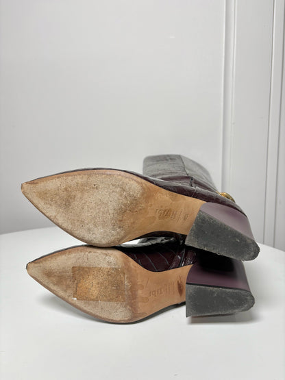 Tall Boots TIBI Croc Embosssed Burgundy Sz 10.5 Gold-tone Hardware