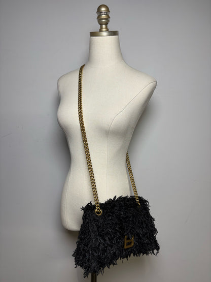 Women's Authentic Balenciaga Crush Chain Black Fabric Feather Gold-Tone NWT Pre-Owned Shoulder Bag