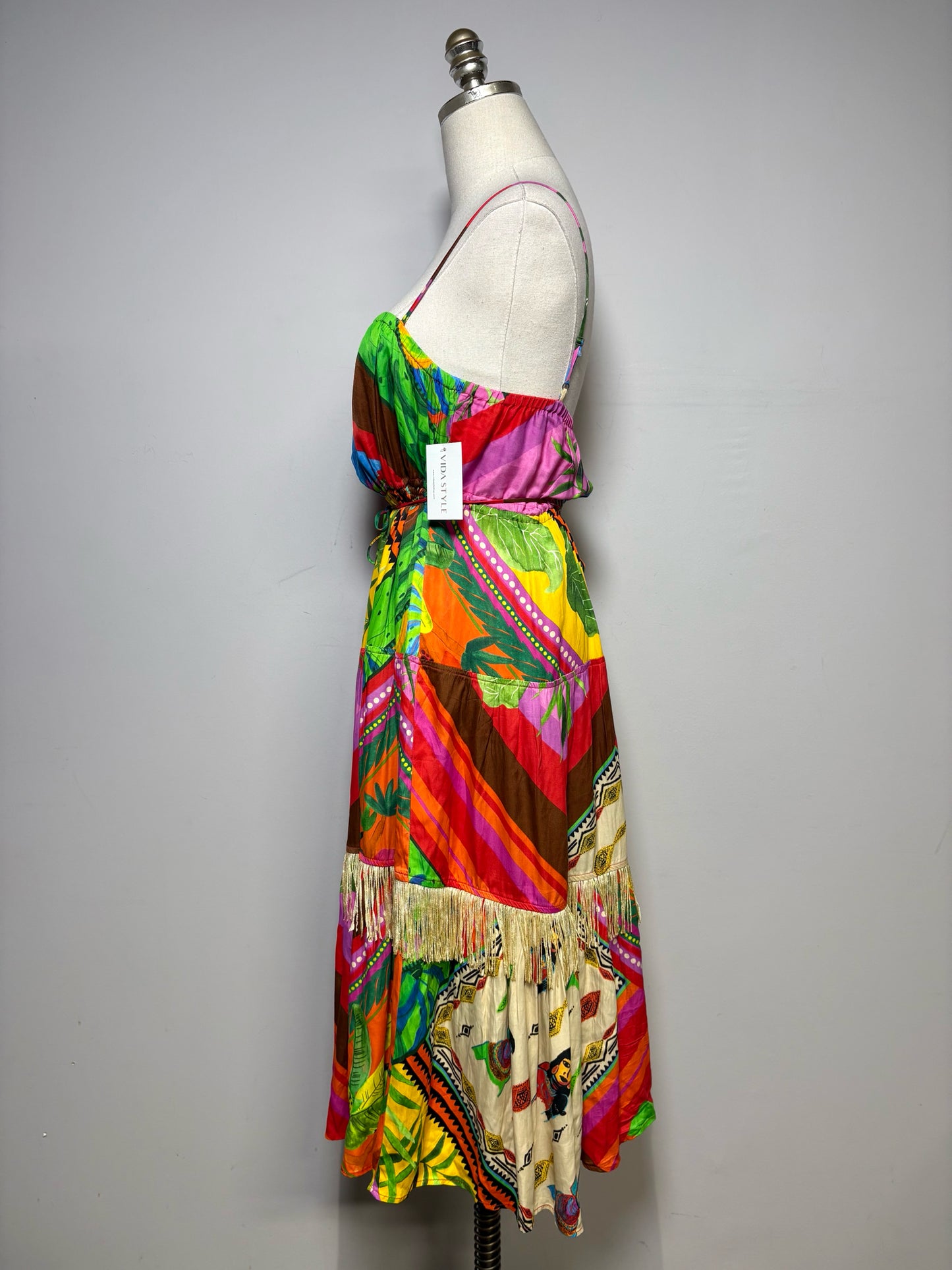 Women Size S Farm Rio Palila Tropical Pre-Owned Fringed Midi Dress