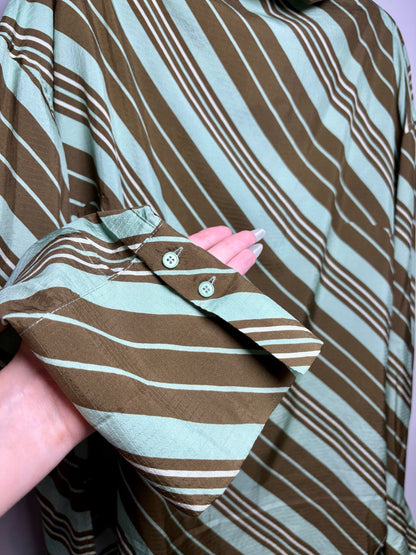 Women Size 42 Christian Wijnants Olive Mint Stripe Silk Blend Pre-Owned Blouse