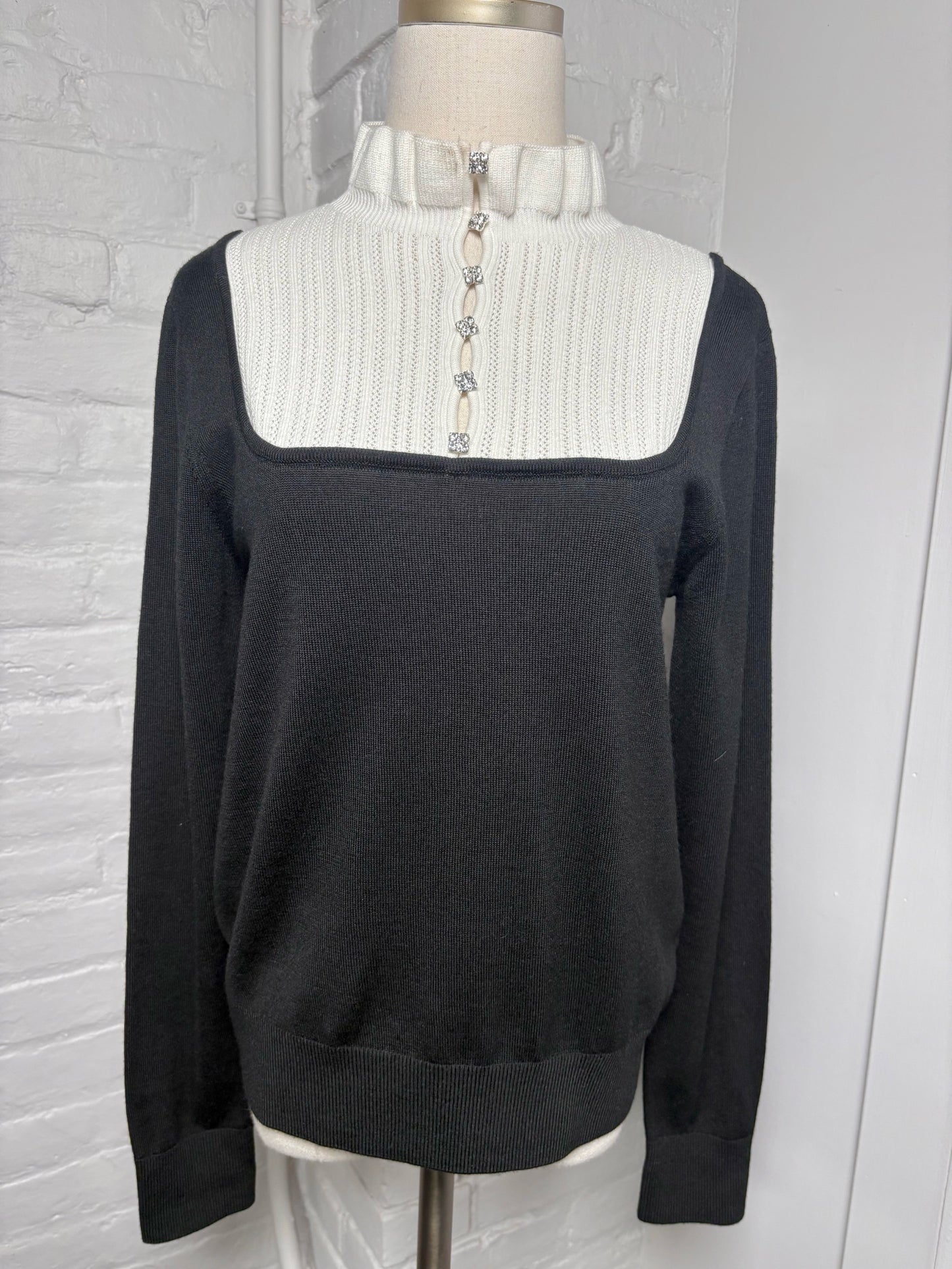 Women Size S Sandro White, Black Colorblock Wool Blend Sweater