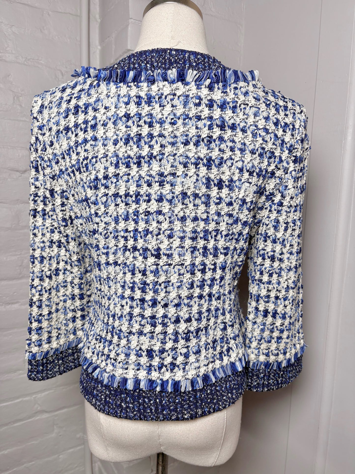 Women Size 6 St. John Blue, White Boucle Cropped Fringe Trim Blazer
