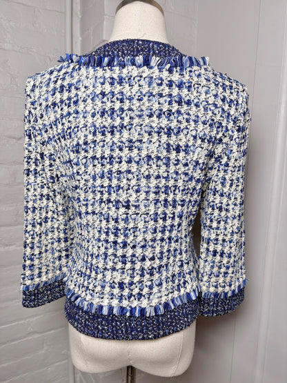 Women Size 6 St. John Blue, White Boucle Cropped Fringe Trim Blazer