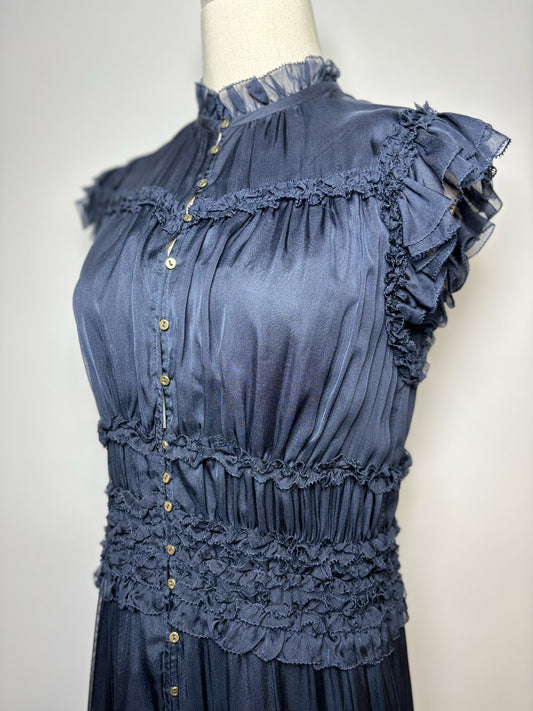 Women Size 8 Ulla Johnson Blue Solid Mini Ruffles Tiered Midi Silk Dress