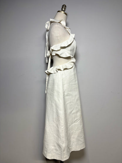 Women Size 0 Zimmermann Ivory Pure Linen Pre-Owned Lovestruck Cutout Halterneck Midi Dress