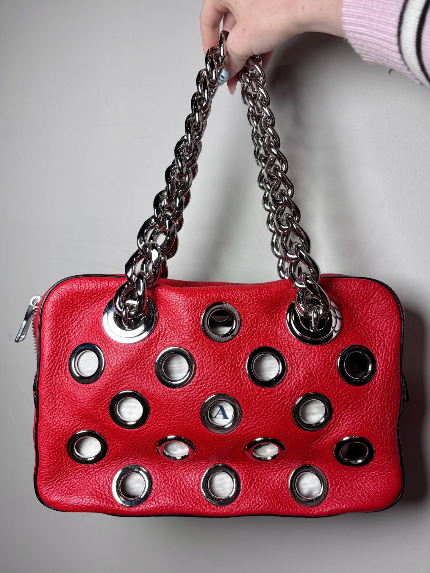 Women's Prada Vitello Daina Silver Grommets Leather Pre-owned Red Bag