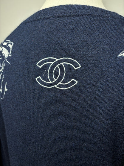 Women's Chanel 2012 Mademoiselle Coco Chanel Embroidered Blue Pure Cashmere Pre-Owned Sweater